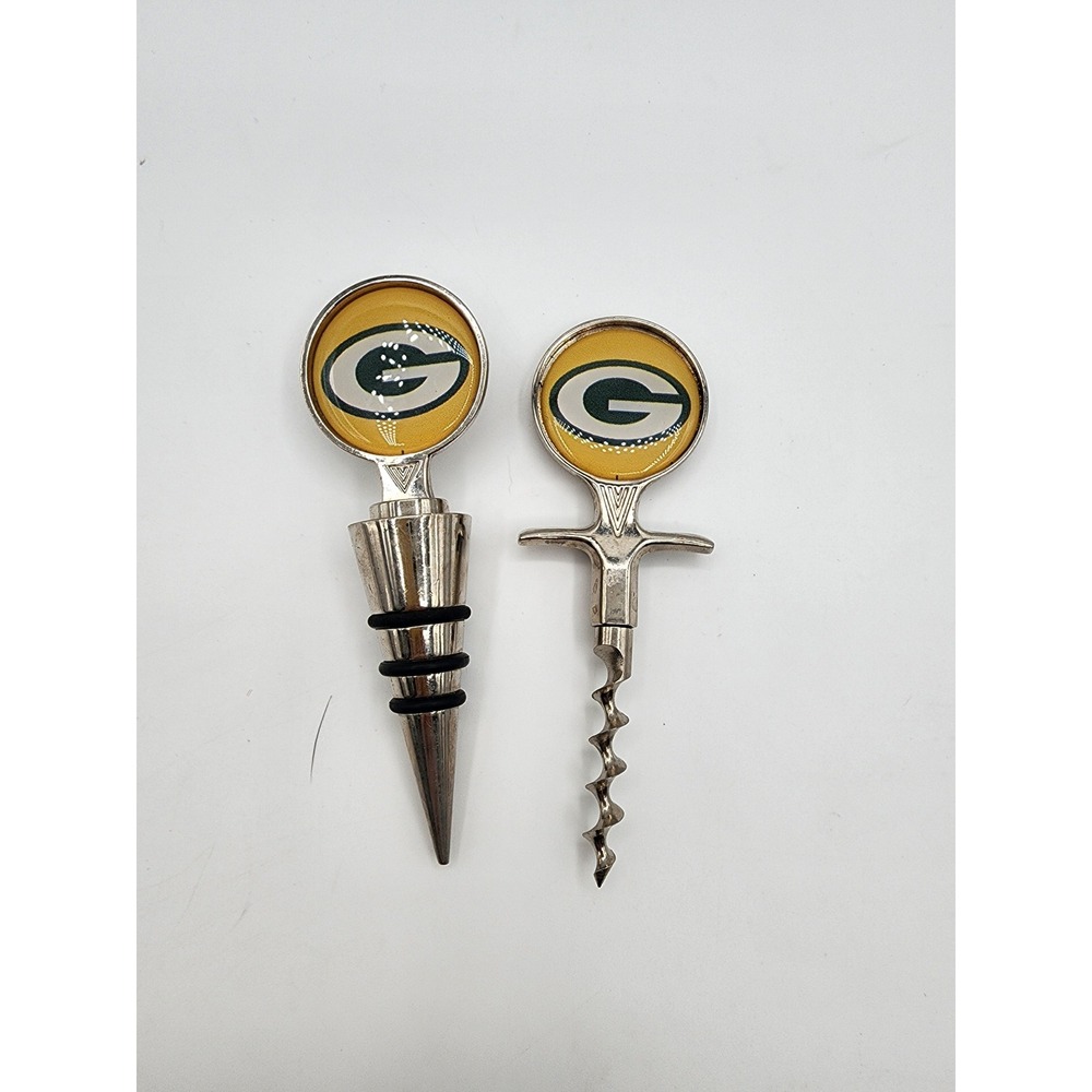 Green Bay Packers Wine Bottle Stopper and Corkscrew‎ Opener Set Silver Tone NFL